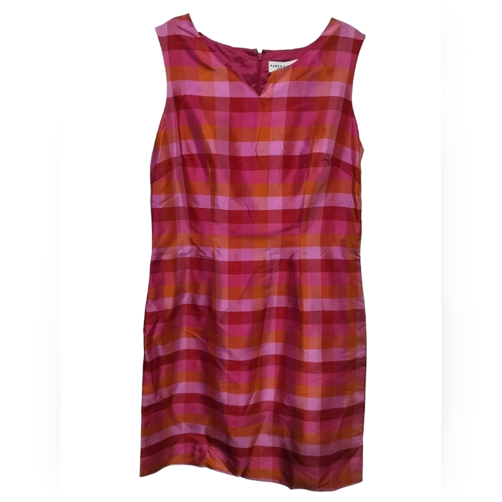 2493) Pure & Simple Silk Red Orange Plaid Sleeveless Lined Shift Dress Size 6
